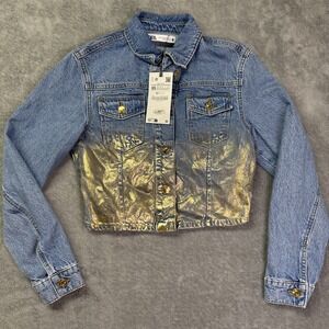 Zara New Cropped Gold Metallic Denim‎ Jacket Size XS Ref 6164 190